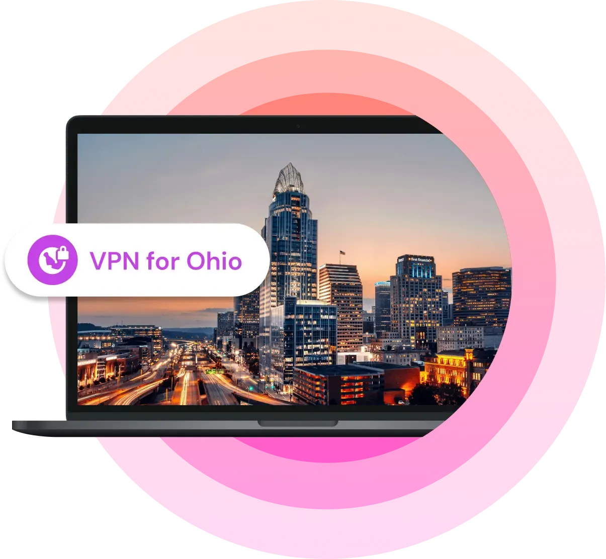 An image of a laptop with an Ohio city view on its screen
